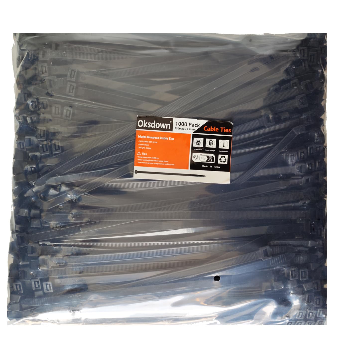 Fascette stringicavo nero 250 mm × 7,6 mm 1000 pezzi in nylon resistente ai raggi UV con 55 kg di resistenza alla trazione extra forte plastica fascette autobloccanti per industria,