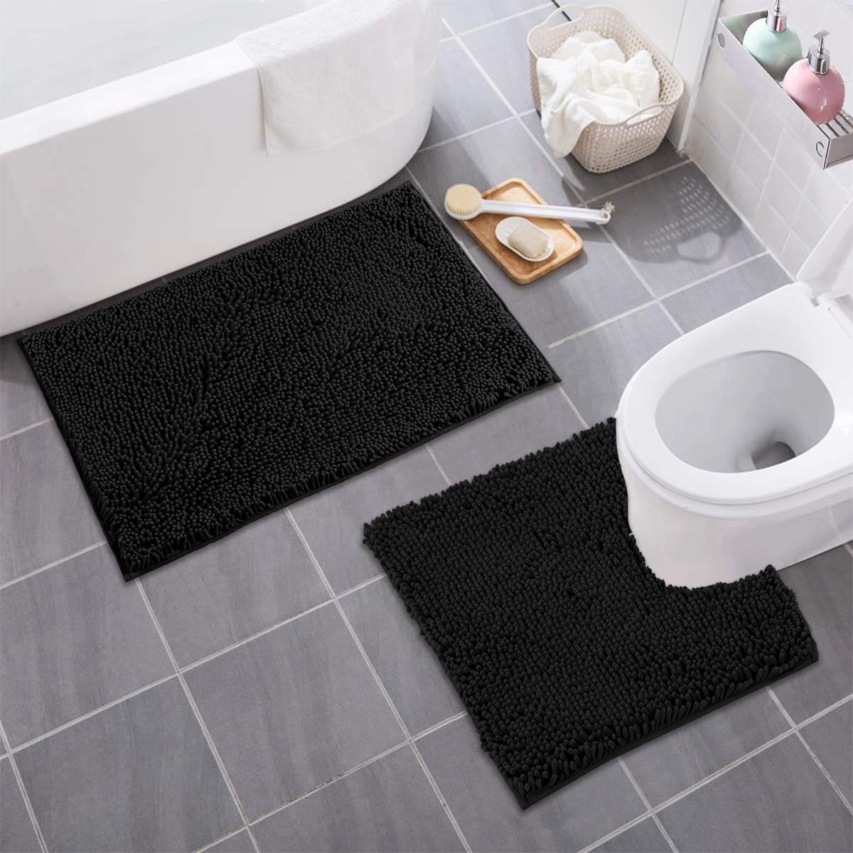 Black Bathroom Rugs Sets 2 Piece, Luxury Chenille Bath Mat Set, Soft Plush Anti-Slip Bath Rug + U-Shaped Toilet Mat. Microfiber Shaggy Carpet. (31''x 20'' Plus 20'' x 20'' U, Black)