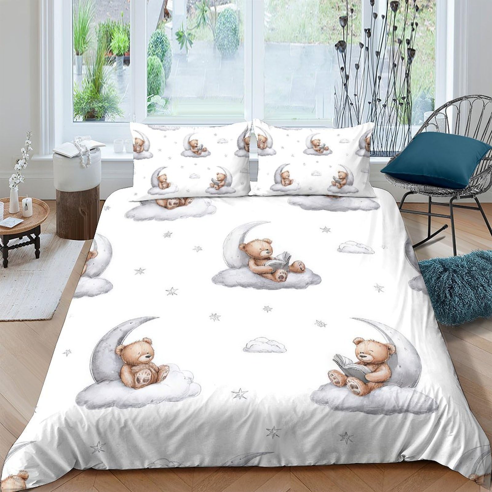 P5V6M1Q9 3D Printed Cute Bear Moon Duvet Cover Microfiber Soft Breathable Cloud Bedding Set with 2 Pillowcases for Bedroom Single（135x200cm）