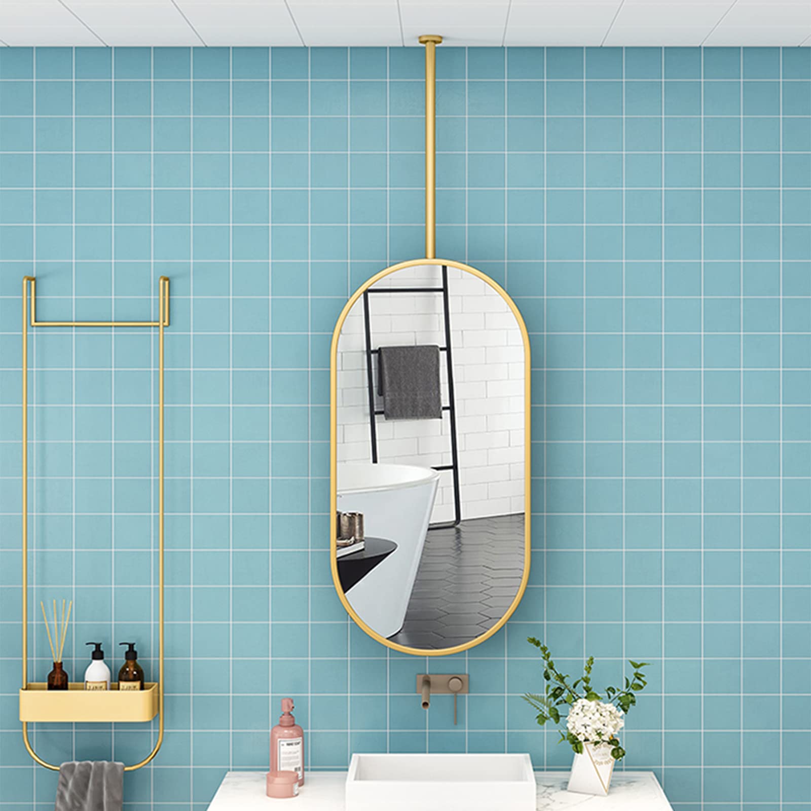Miroir ovale suspendu en verre 40x60cm avec cadre en métal noir élégant pour la maison