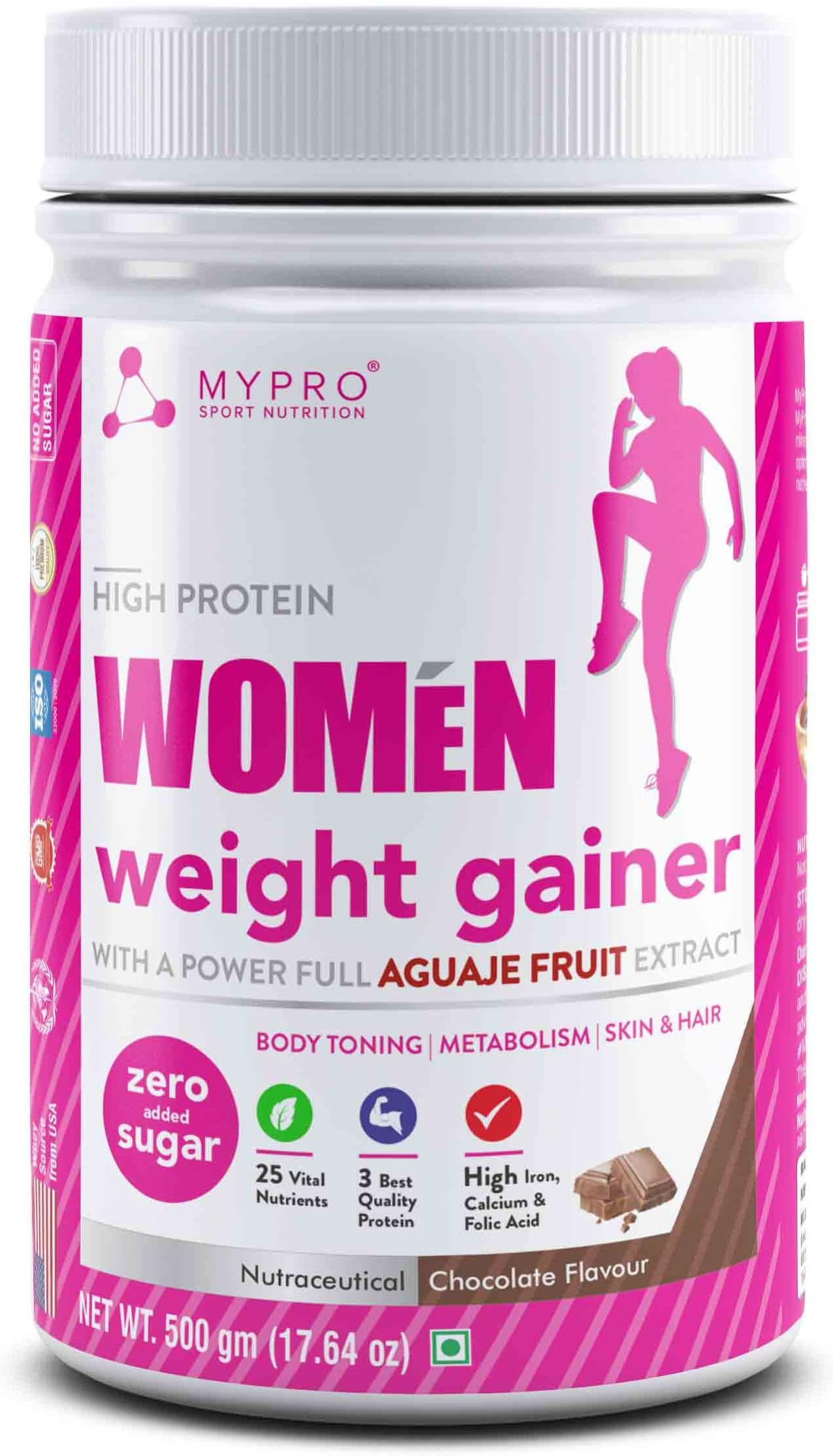 Mypro Sport Nutrition High Protein Women Weight Gainer With Power Full AGUAJE FRUIT Extract Dietary Supplement With ( 24 Vital Nutrients,3 Best Qaulity Protien ) Chocolate Flavor For Women-500 Gm
