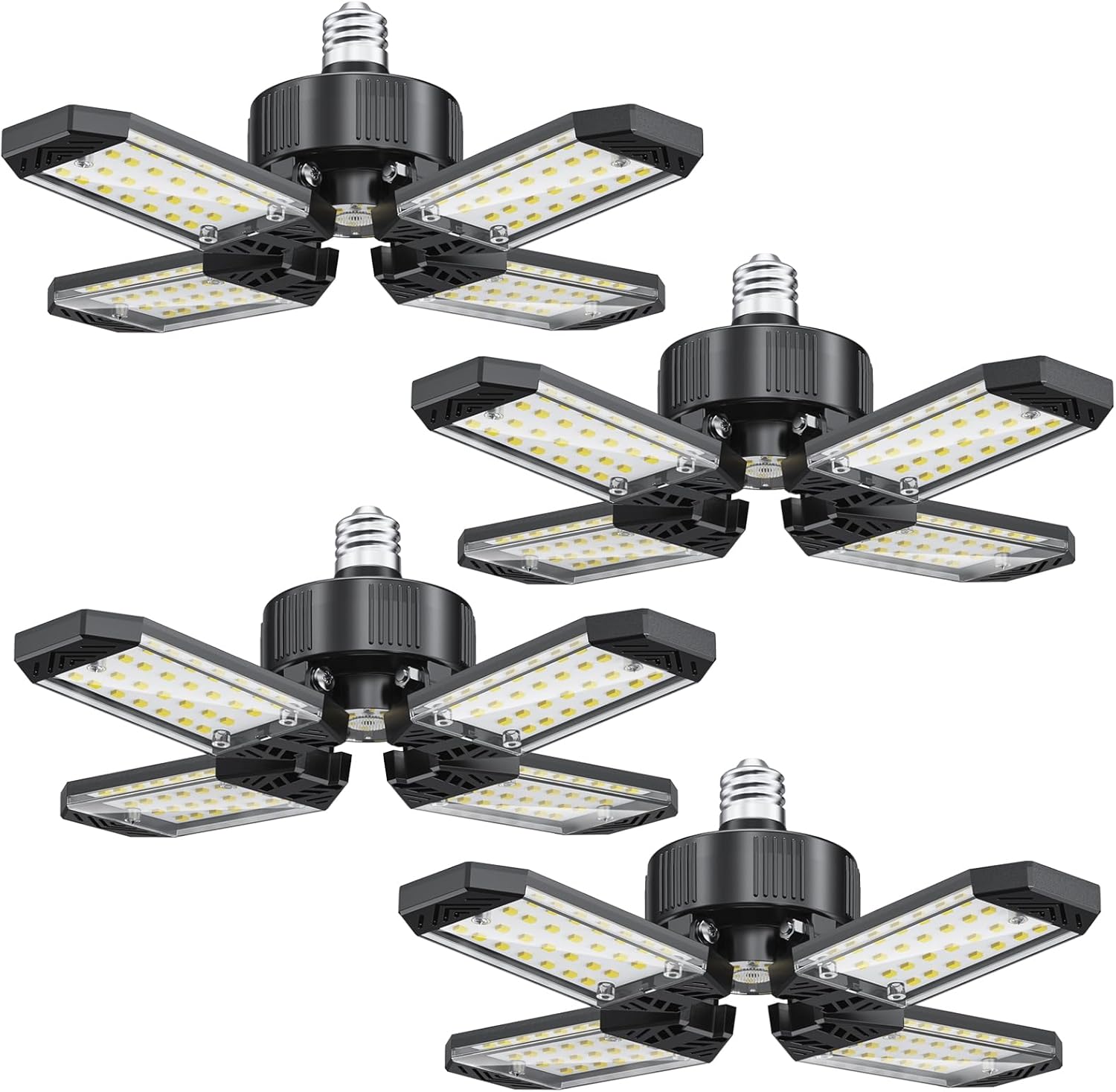 LED Garage Lights 4 Pack, 120W 12000LM Garage Lighting 6500K with 4+1 Deformable Panels, Screw Into E26 E27 Socket, Ceiling Lighting for Shop Workshop Basement Barn Attic Bay