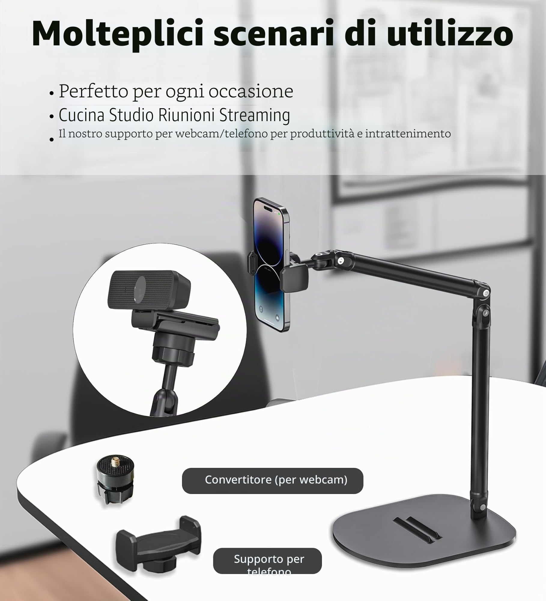 Supporto per webcam regolabile – doppio supporto per telefono e tablet, struttura robusta in alluminio con altezza e angolazione flessibili