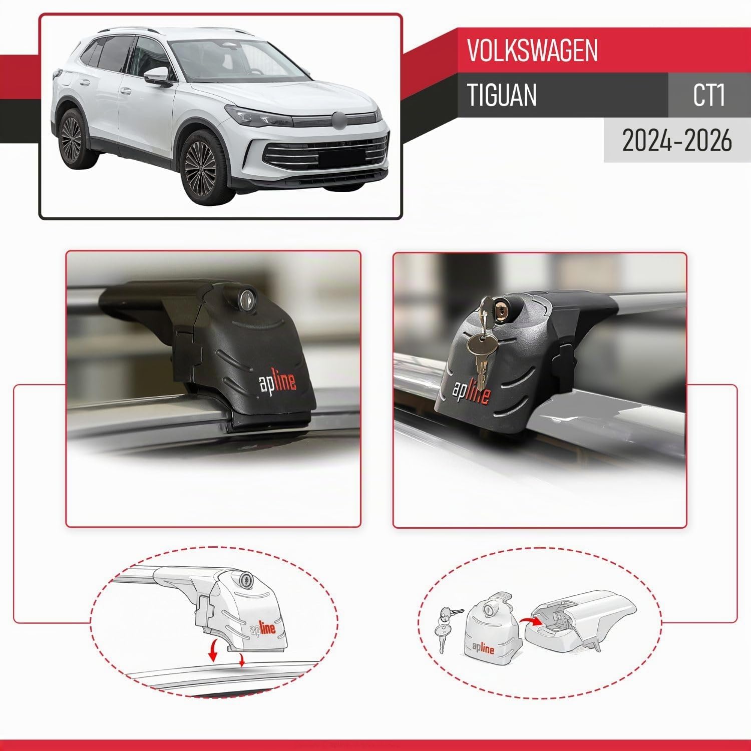 Compatible avec Volkswagen Tiguan (CT1) 2024-2026 ACE-2 Modèle Barres de Toit Railing Porte-Bagages de Voiture Aluminium Gris 2 Barres
