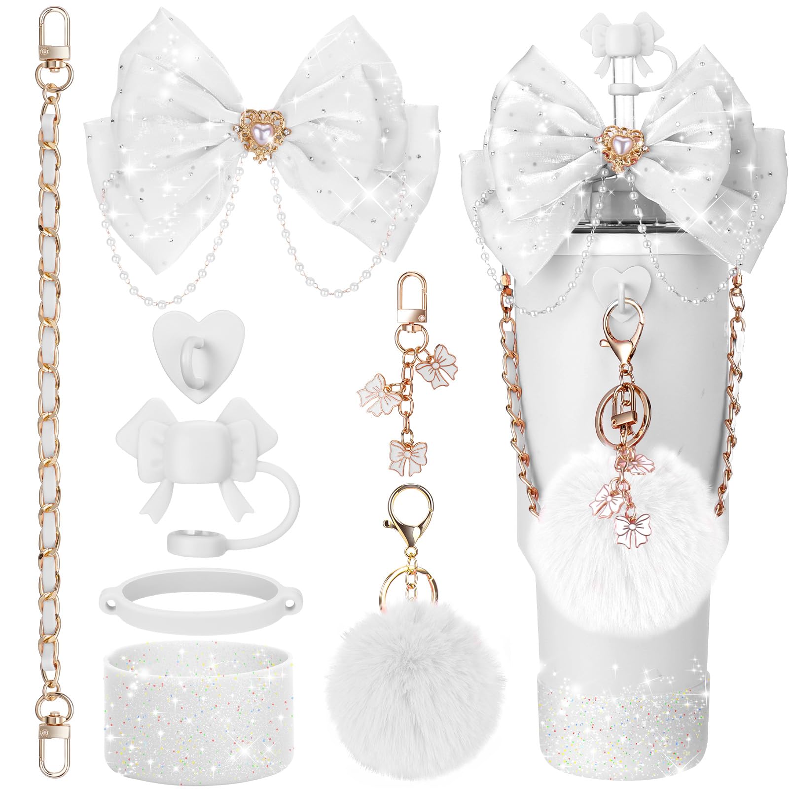 Mity rain Bling Cup Accessories for Stanley Cup 30oz 40oz 20oz Tumbler with Handle, including Bow Straw Topper Cover, Straw Bow Decorate, Leather Water Bottle Handle Strap, Boot (White)