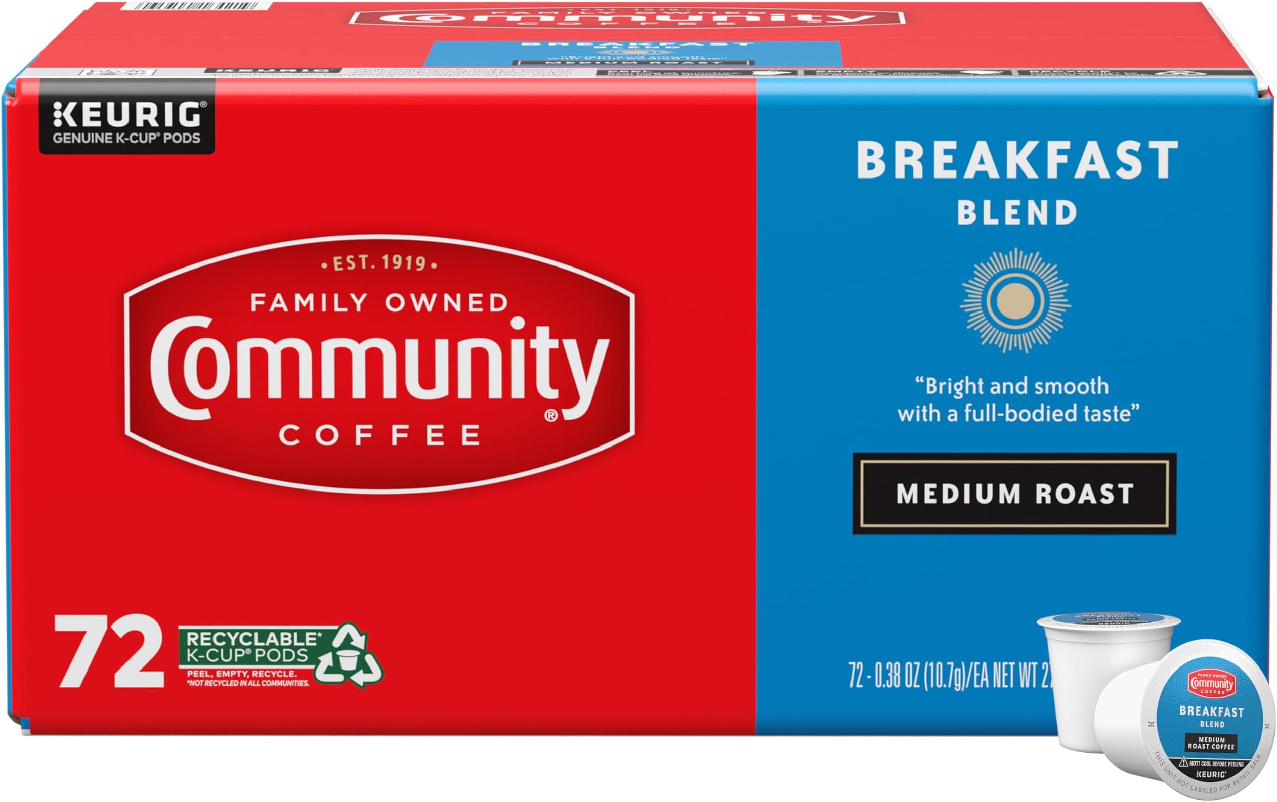 Community Coffee Breakfast Blend, Medium Roast, Single-Serve Keurig K-Cup Pods, 72 Count (Pack of 1)