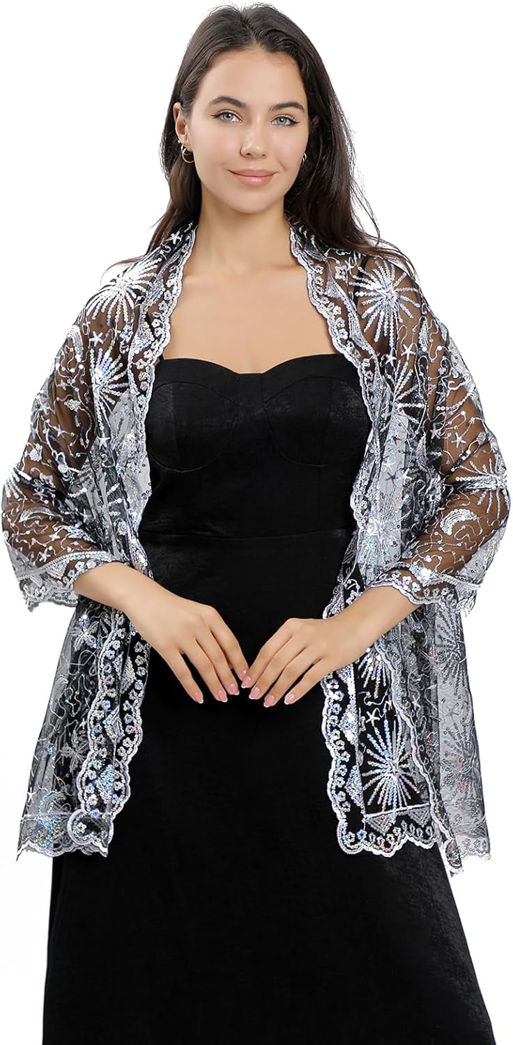 Sequin Lace Shawl Wrap, Evening Formal Sheer Shawls for Women Dressy Cover Up, Wraps and Shawls - Image 4