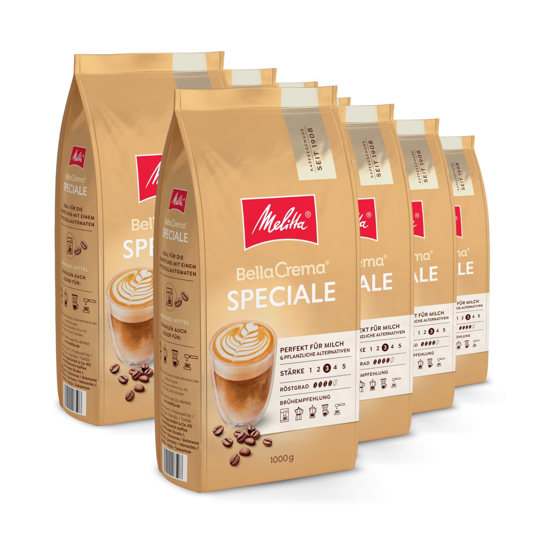 Melitta BellaCrema Speciale Ganze Kaffee-Bohnen 8 x 1kg, ungemahlen, Kaffeebohnen für Kaffee-Vollautomat, mittlere Röstung, geröstet in Deutschland, Stärke 3, im Tray | Perfekt für Milch-Spezialitäten, mittlere Röstung, geeignet für Vollautomaten