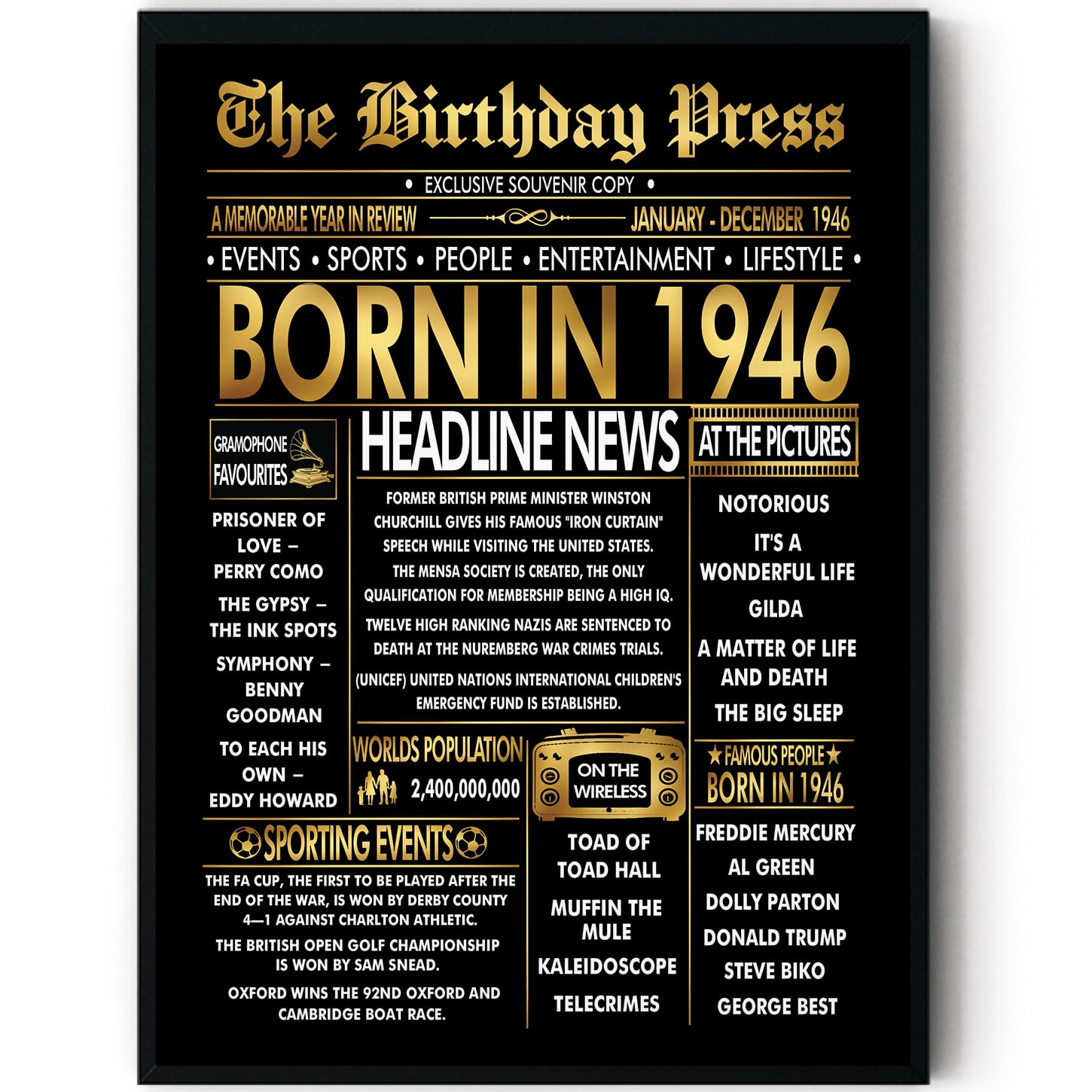 Stuff4 Men's 1946 Gold 80Th Birthday Poster Framed - Golden Born In Newspaper - Happy 80 Birthday For Wo Retro Vintage Gifts Back In 8X10 Inch Bday Party Decor Decoration
