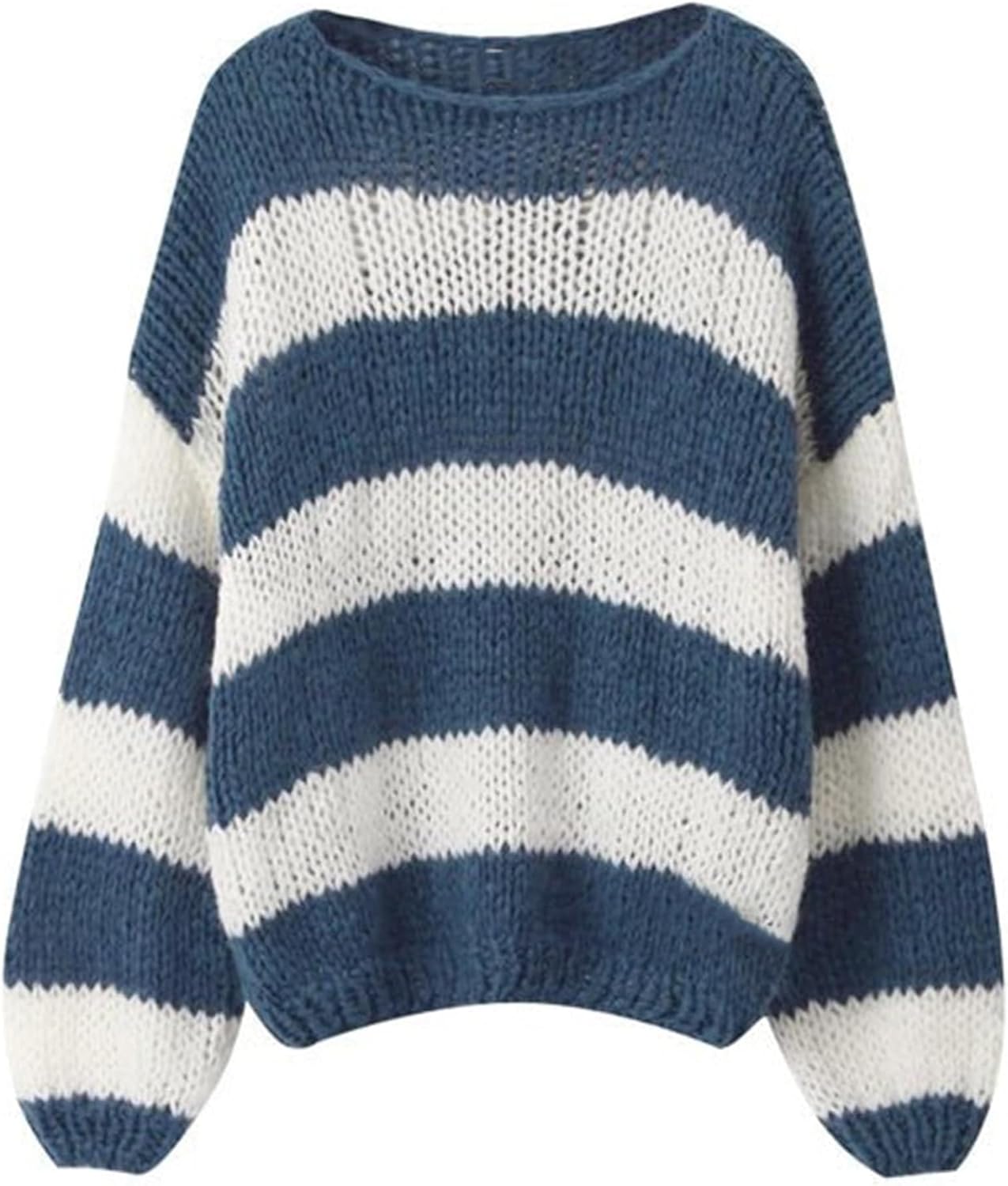Oversized Sweaters for Women Color Block Striped Sweaters Y2K Crewneck Long Sleeve Knit Sweater