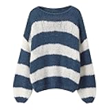 Oversized Sweaters for Women Color Block Striped Sweaters Y2K Crewneck Long Sleeve Knit Sweater