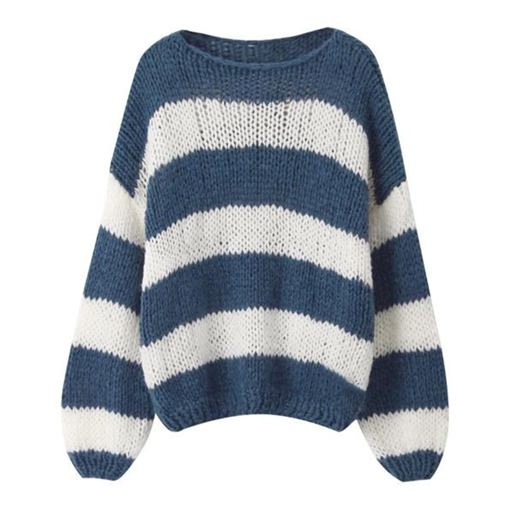 Oversized Sweaters for Women Color Block Striped Sweaters Y2K Crewneck Long Sleeve Knit Sweater