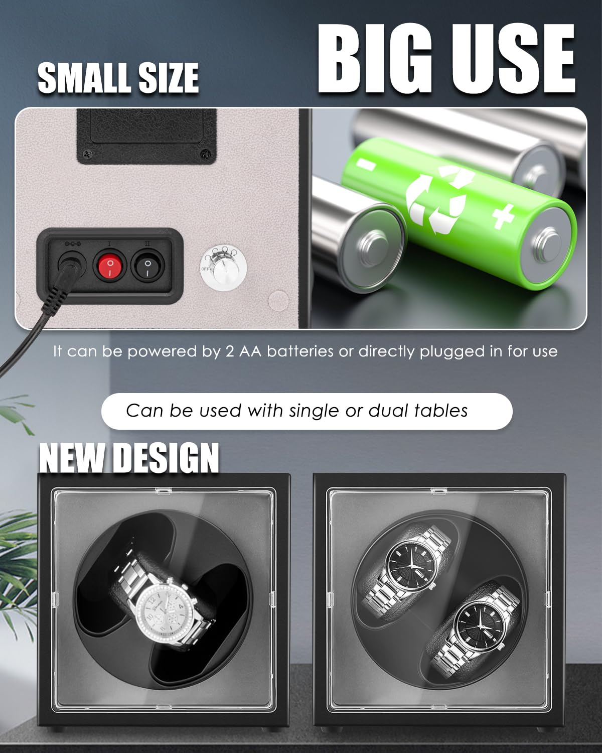 Mxmoonant Cajas Giratorias para 2 Relojes, 5 Modos de Rotación con Motor Silencioso y luz LED, Alimentación por Adaptador de CA y Batería, Silencioso y Elegante