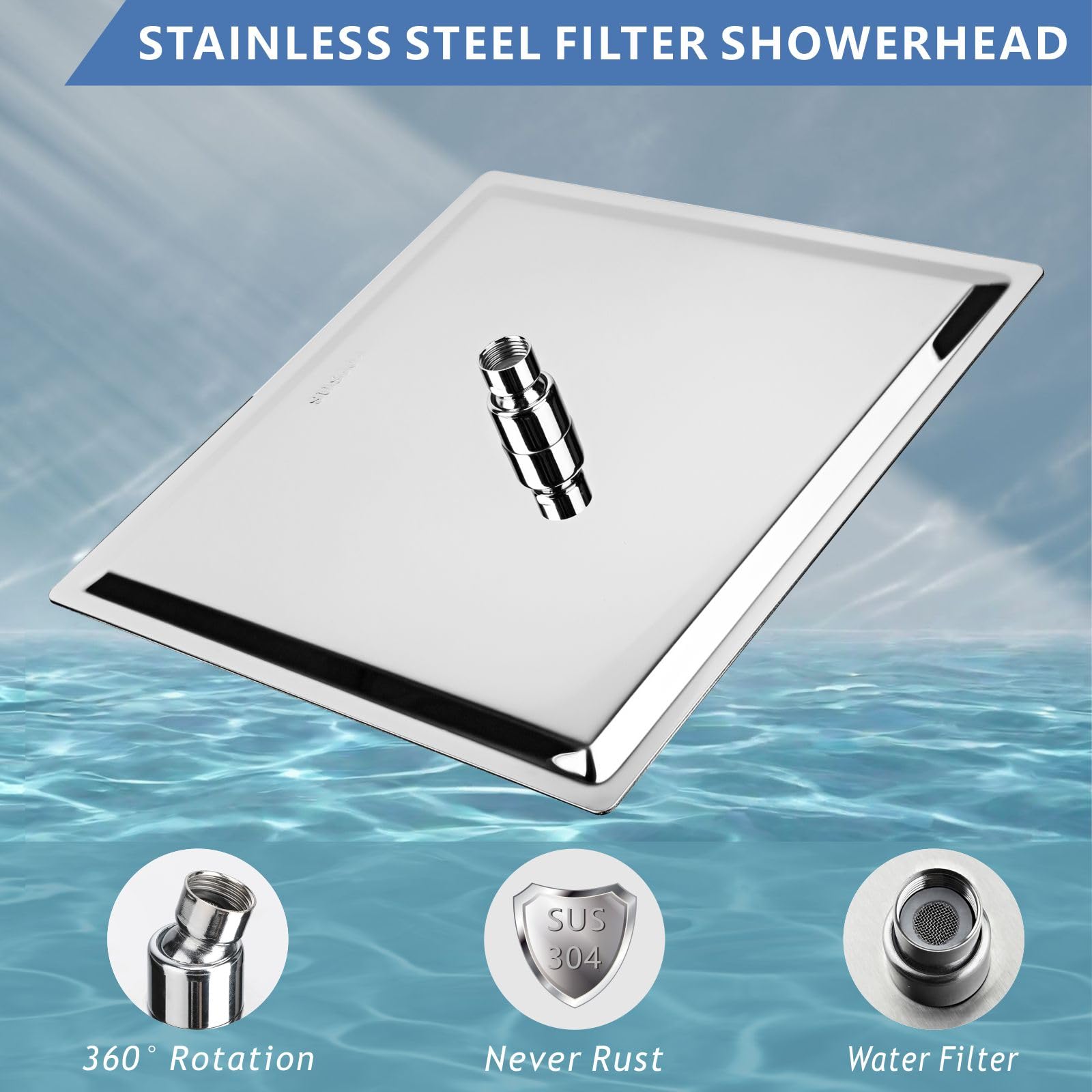 Conjunto de Cabezal de Ducha Tipo Lluvia y Filtro de Ducha Voolan, Cabezales de Ducha de Alta Presión Fabricados en Acero Inoxidable, Cartucho Filtrante para Agua Dura (25cm, Cuadrado)