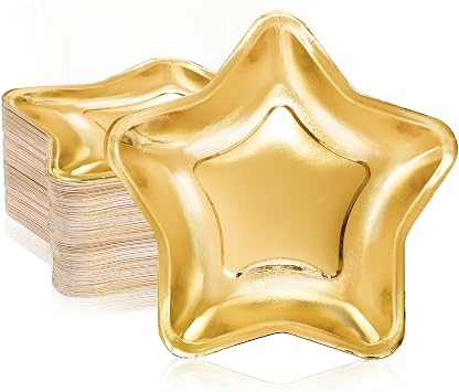 Tlence 100 PCS لوحات ورقة على شكل نجمة، 9.5 بوصة يمكن التخلص منها الخماسي أواني الطعام، الذهب وميض ستار ورقة أدوات المائدة مجموعة للحلوى، عيد ميلاد التخرج الزفاف هالوين مستلزمات عيد الميلاد