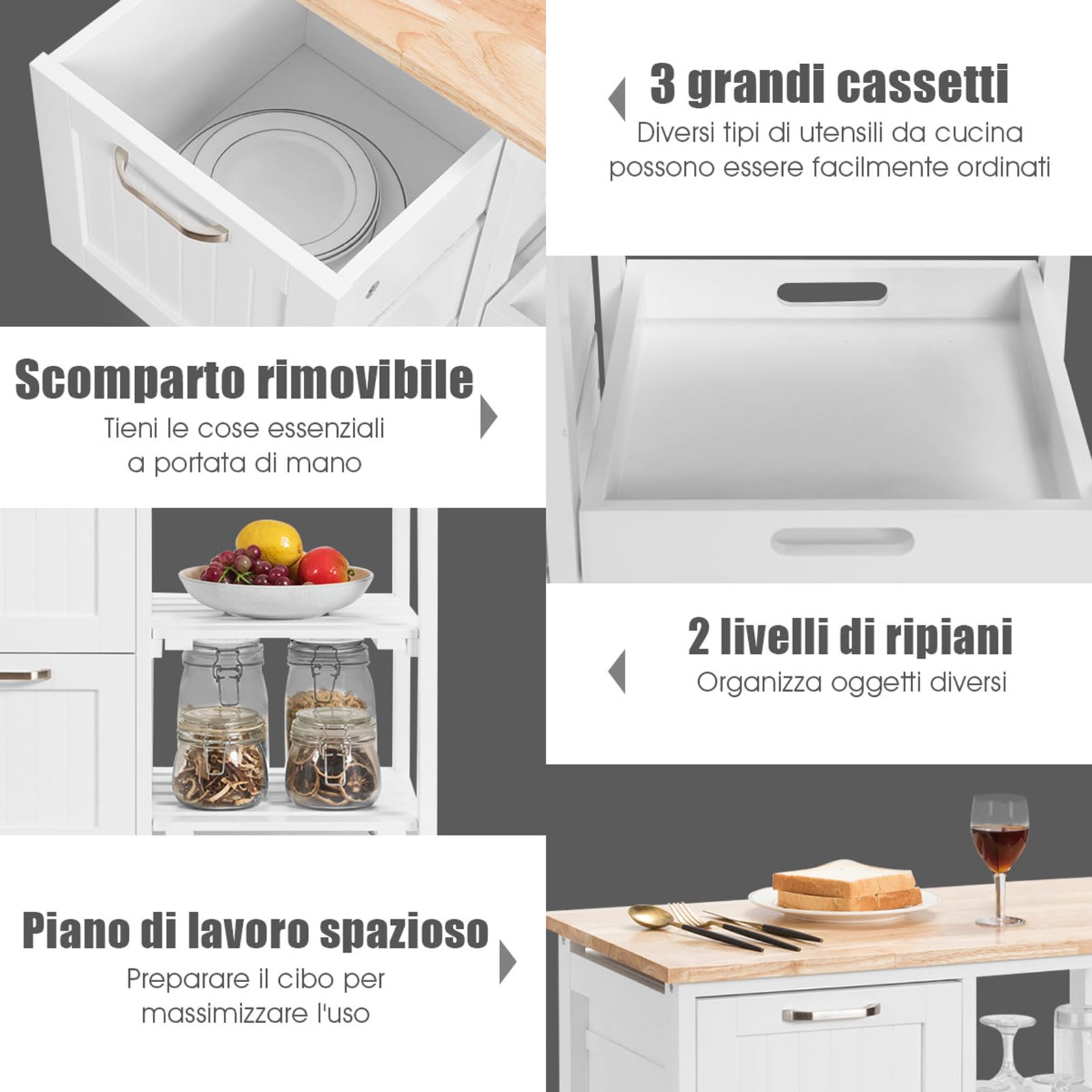 COSTWAY Carrello da Cucina con Ruote, Credenza Cucina con 4 Ripiani e 3 Cassetti, in Legno, Ideale per Cucina Ristorante e Bar, 67 x 37 x 83,5 cm (Bianco)