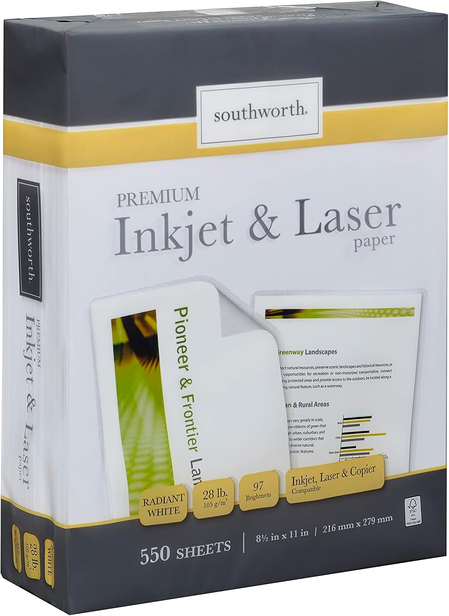 Papel de impresora láser y de inyección de tinta de Southworth, 8.5" x 11", 28 lb., blanco radiante, 550 hojas (91723-01)