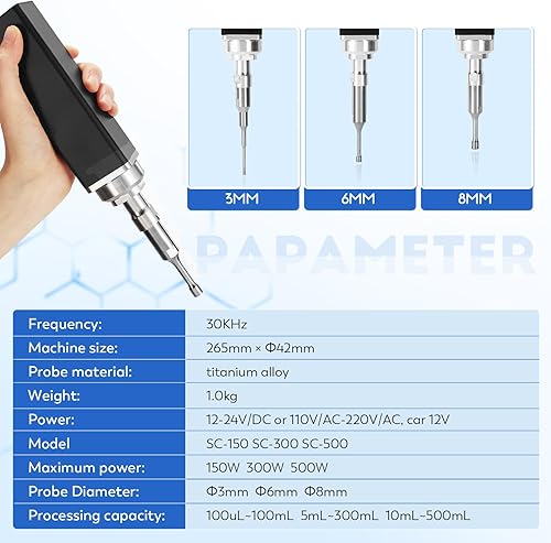 Miniatura 2 de CGOLDENWALL Homogeneizador ultrasónico portátil de mano, procesador sonicador, disruptor de células, mezclador negro (500 W, 0.3fl oz  16.9fl oz)