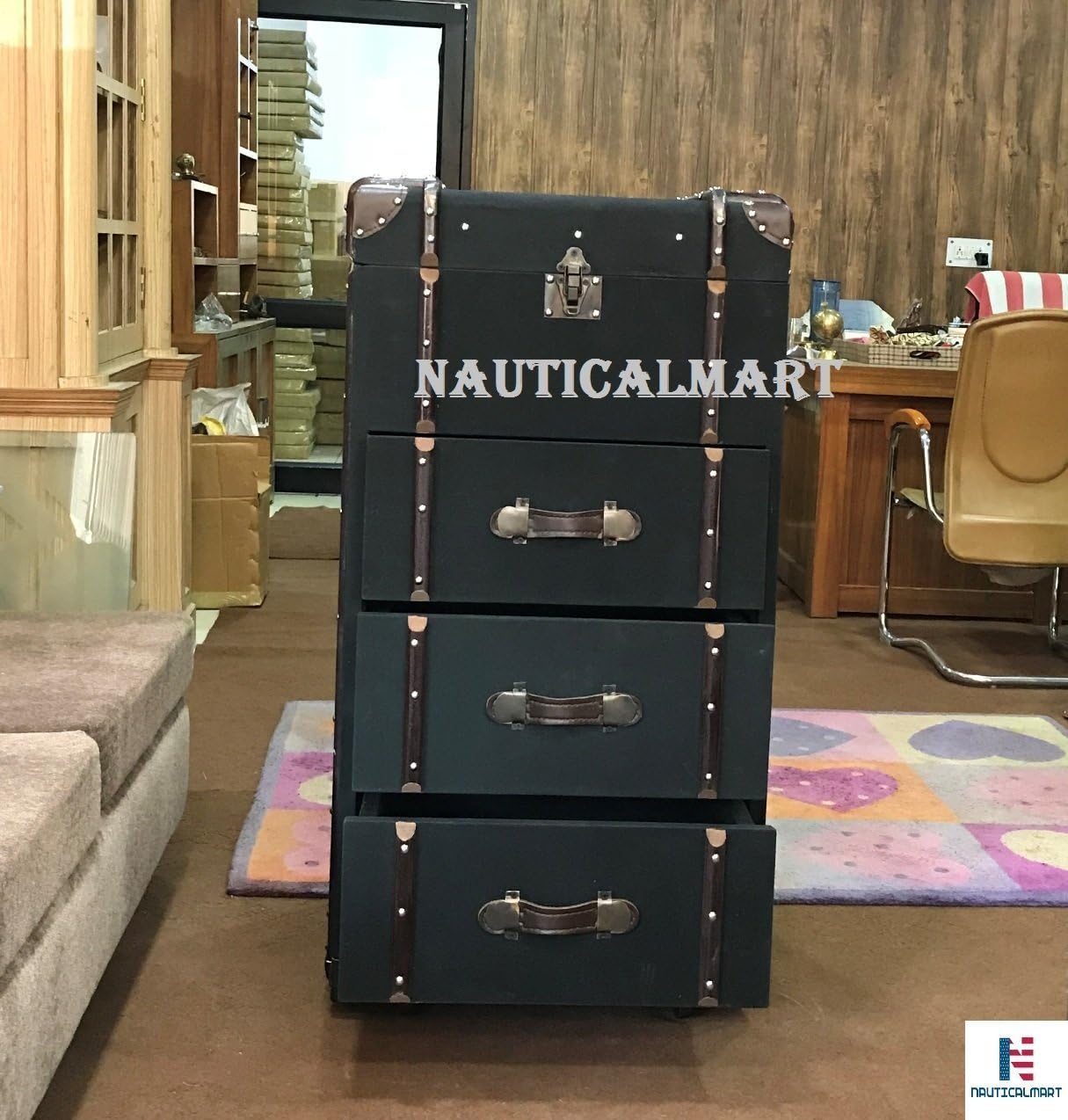 NauticalMart Wardrobe Trunk Faux Leather with Drawers Exclusive Furniture