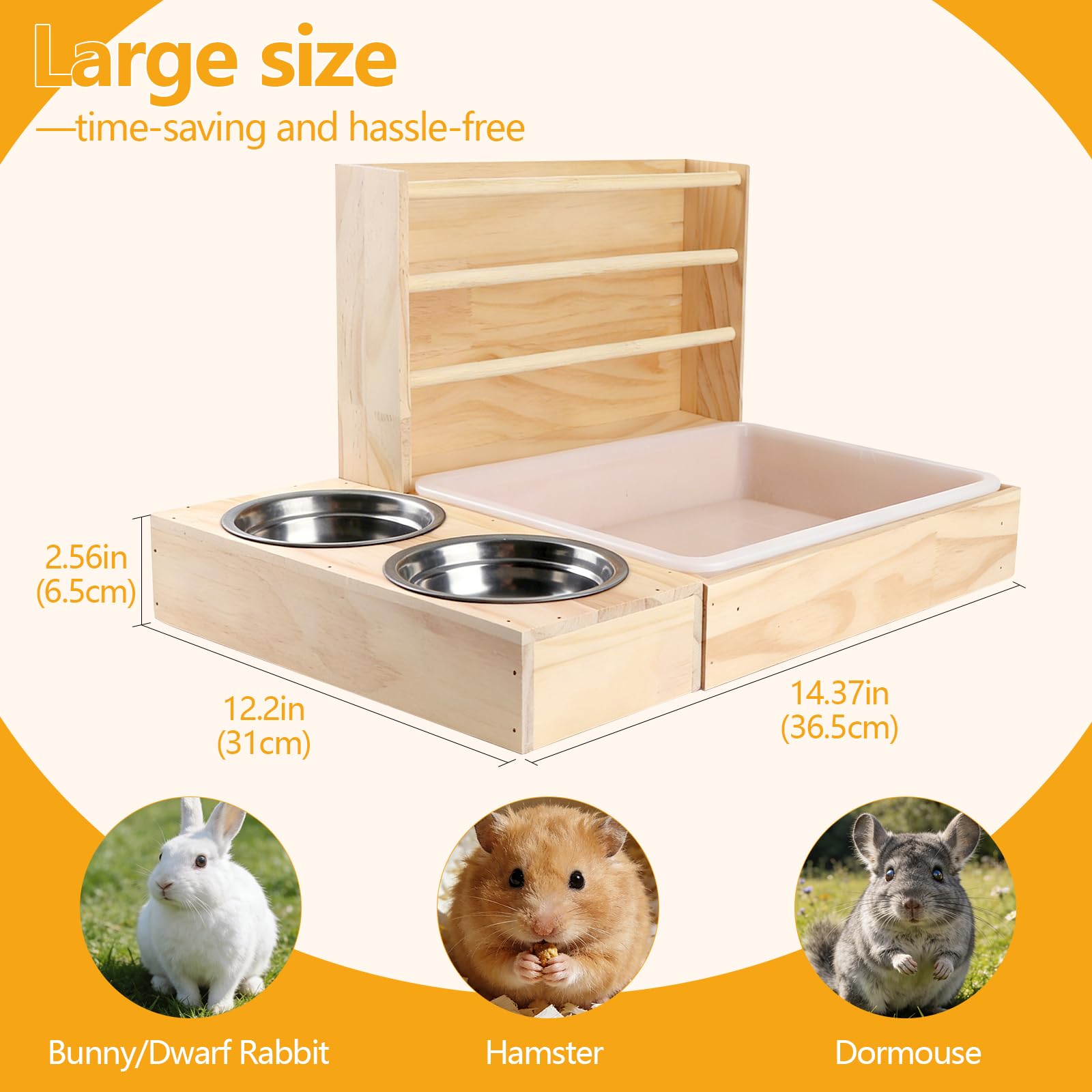 Gonetre 3-in-1-Heufutterautomat für Kaninchen mit Katzentoilette und 2 Schüsseln, Großes Fassungsvermögen, Heukrippe aus Holz für Meerschweinchen und Kleine Haustiere, Massivholz,