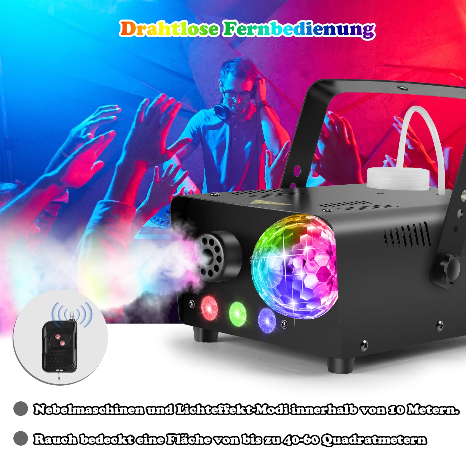 800W Nebelmaschine mit Discokugel, 3 LED RGB Effekt Licht Smoke Machine,Mini Fog Rauchmaschine mit kabelgebundenen und Funkfernbedienungen für DJ Disco Party,Halloween,Hochzeiten Weihnachten