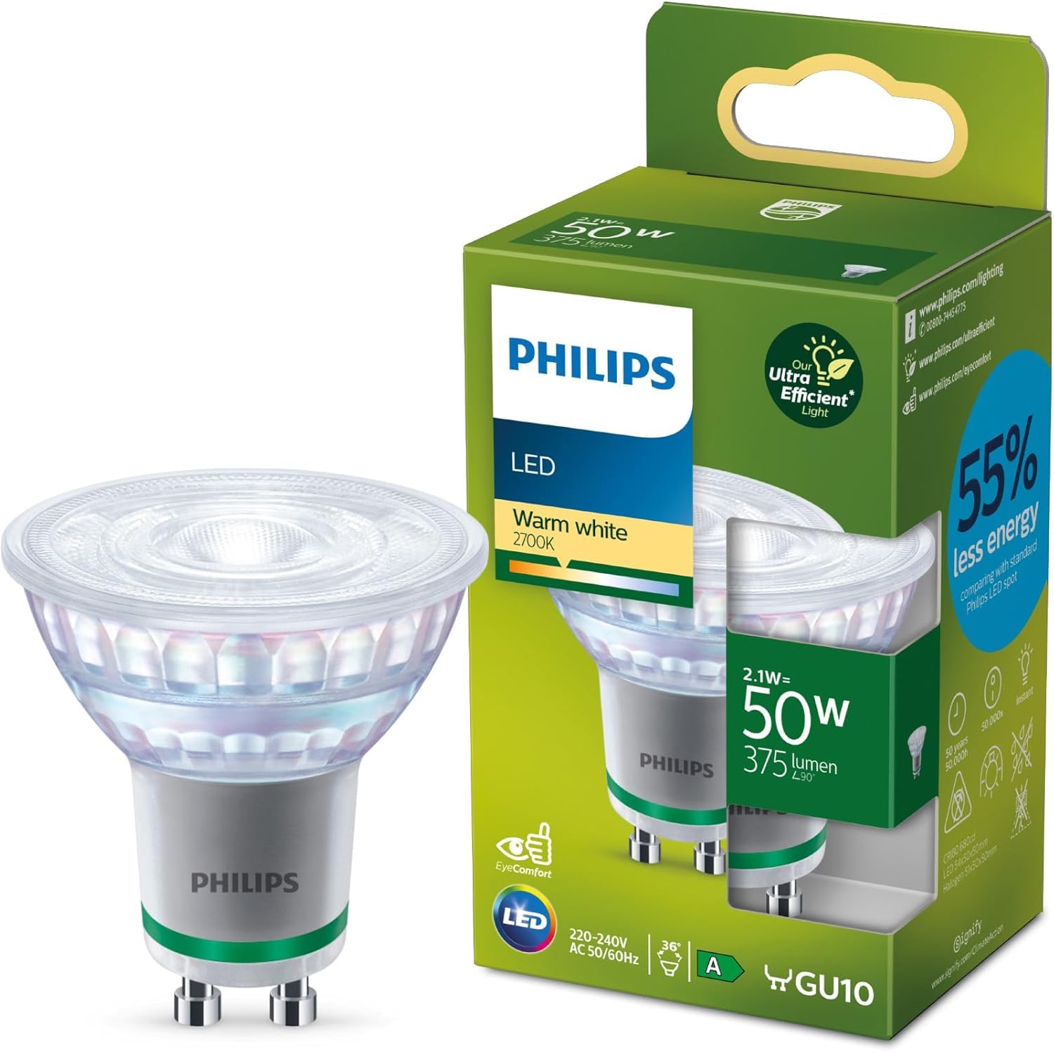 Philips Classic Ultra-efficient LED Bulb with Energy Efficiency Class A, GU10 Bulb, Replaces 50W, Warm White Light, dimmable