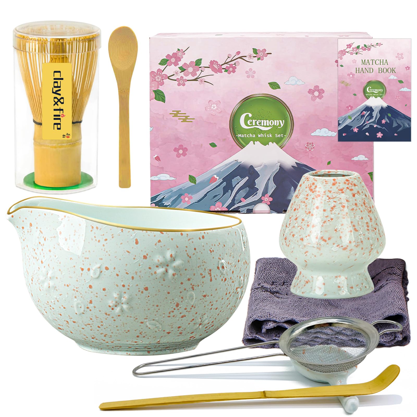 Clay&Fire Matcha Set, 9 Teiliges Matcha Besen Set - Bambus Matcha Whisk, Matcha Schale mit Auslauf, Japanisches Matcha Kit für Matcha-Liebhaber, Weihnachtsgeschenke,Geschenk (Kirschblüten-Rotpunkt)