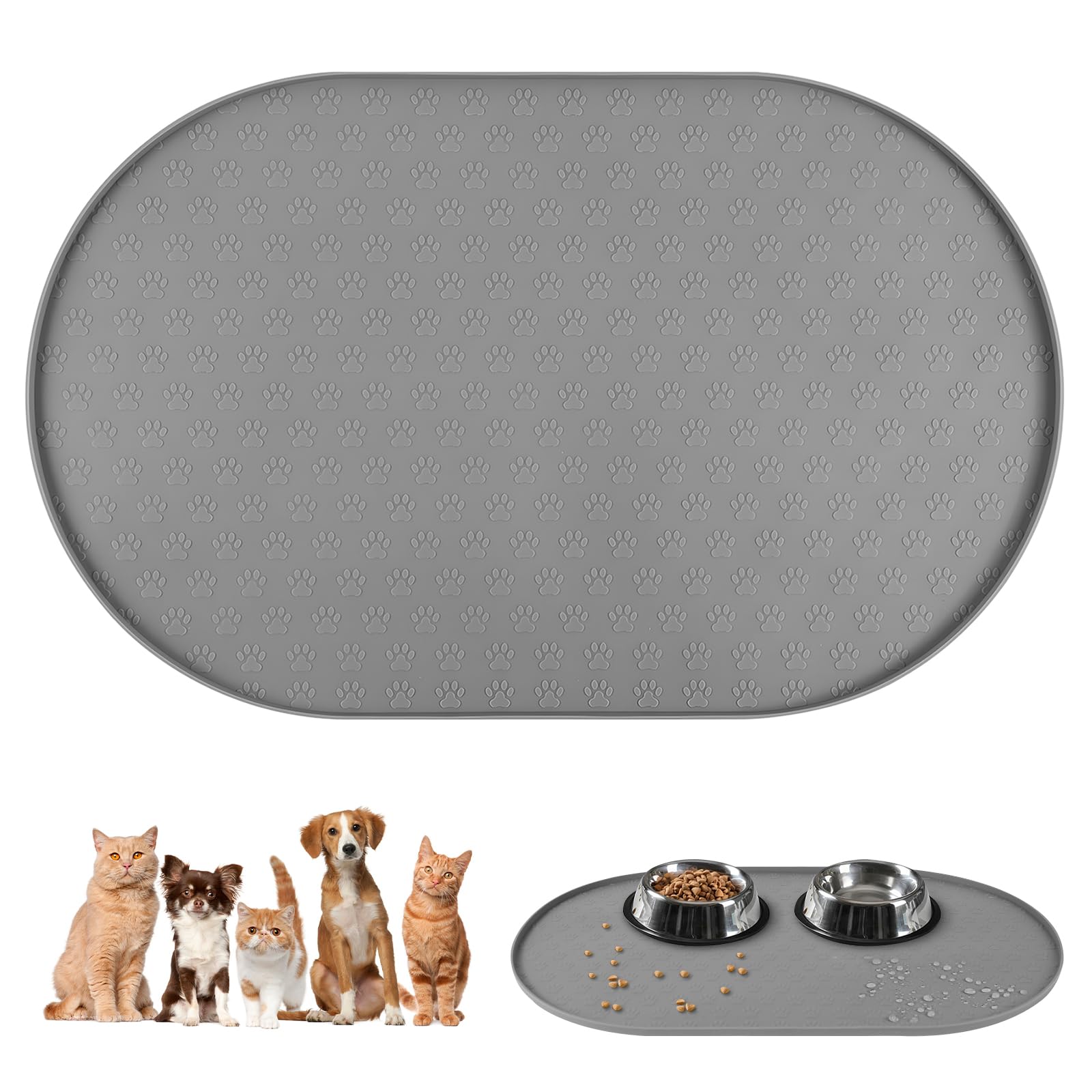 Adiwo Bowl Mat for Dog and Cat, 100% Waterproof Food Mat with 8MM Raised Edges, Premium Silicone with Footprints Pattern, Easy to Clean, Anti-Slip and Quick Dry, Protect Floors (48x30cm, Gray)