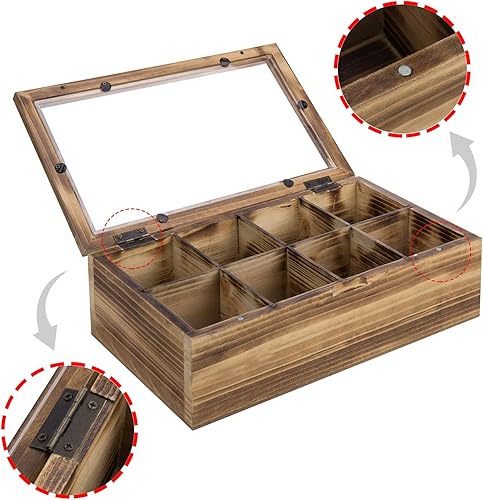 Miniatura 6 de MyGift Cofre organizador de té de madera quemada, bolsa de té de madera y caja de condimentos con 8 compartimentos divididos y tapa de cierre