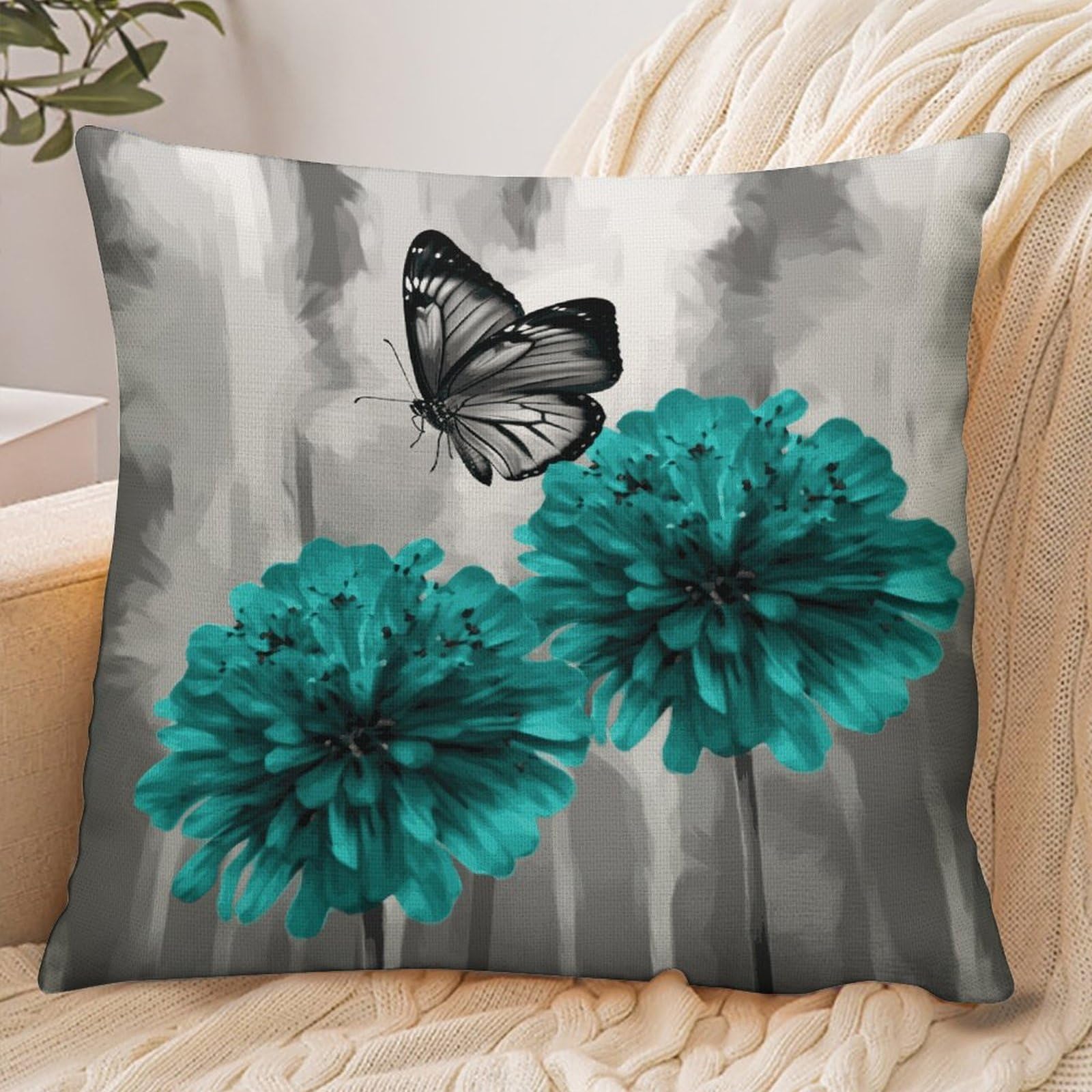 Fekiloot Style Gray Teal Flower Butterfly Pillowcase Pillow Sham Pillow Case