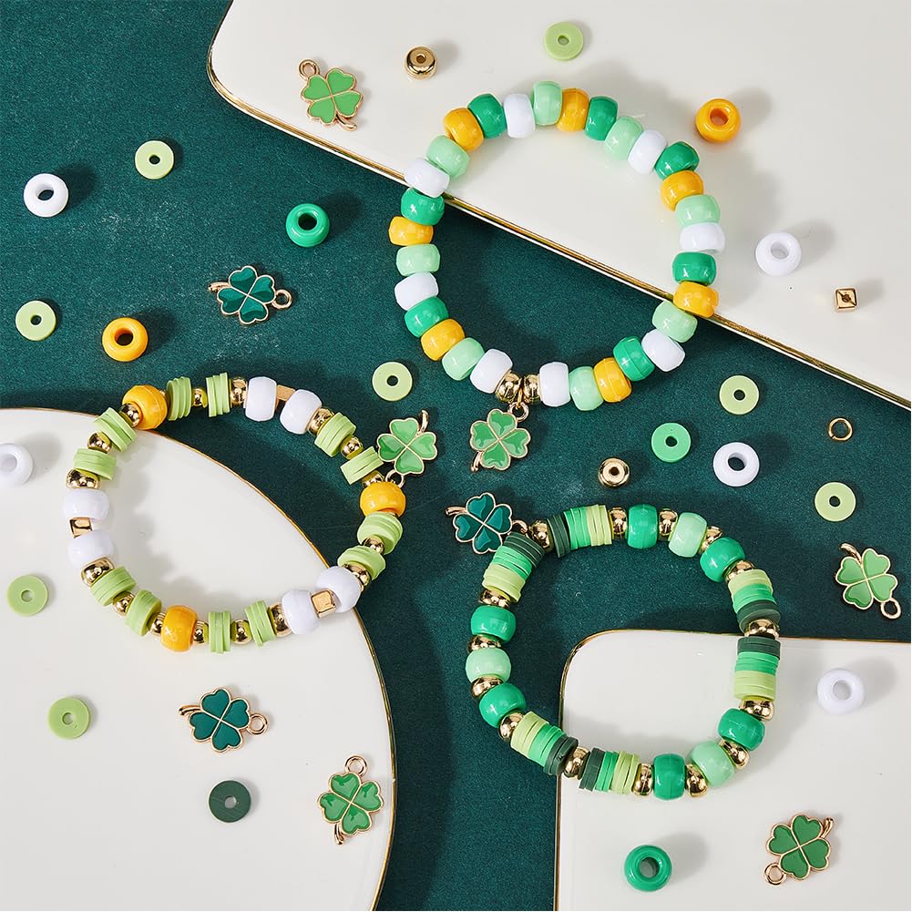 SUNNYCLUE 961Pcs St Patrick's Day Charms 8mm Pony Beads Round Opaque Polymer Clay Heishi Flat Disc Beads Enamel Four Leaf Clover Irish Shamrock Charm Golden Loose Spacers for Jewelry Making Kits - Image 4