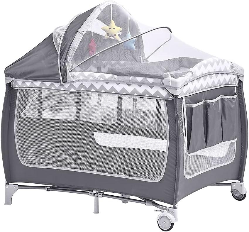 NICEME Travel Bed for Baby, Portable Baby Playpen with Entryway, Infant Toddler Bed, Folding Travel Baby Cot with bag (Grey/White, With Changing Table) BB-1