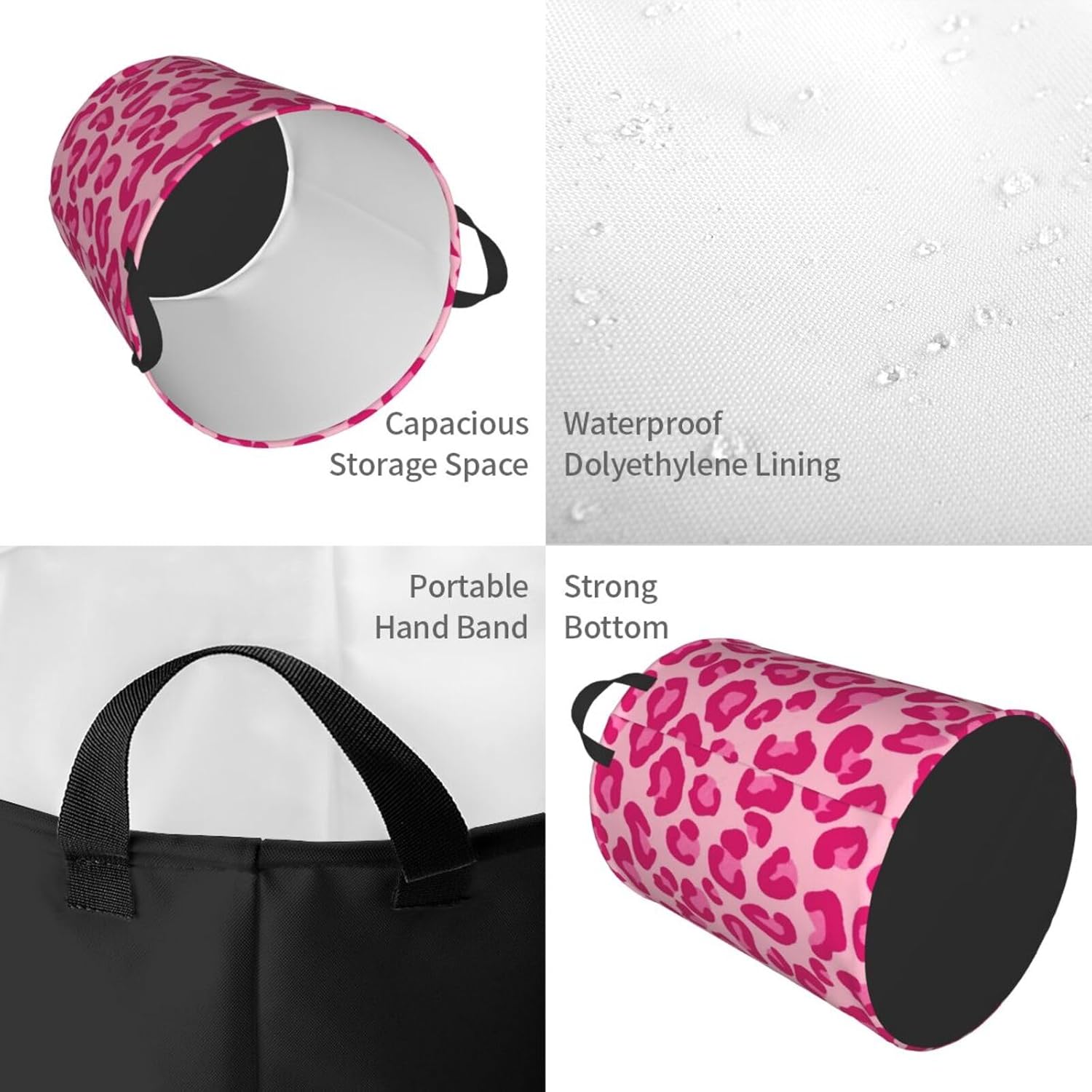 Laundry Hamper, Leopard Print in Pastel Pink, Hot Pink and Fuchsia Round Laundry Basket Storage Baskets Collapsible Organizer Basket, for Bedroom, Bathroom, Toys Storage Medium