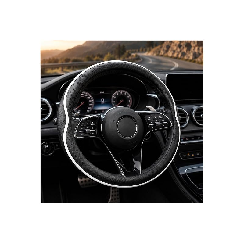 Capa para Volante Automotivo em Couro Sintético com Revestimento Antiderrapante Preto e Branco para Carros
