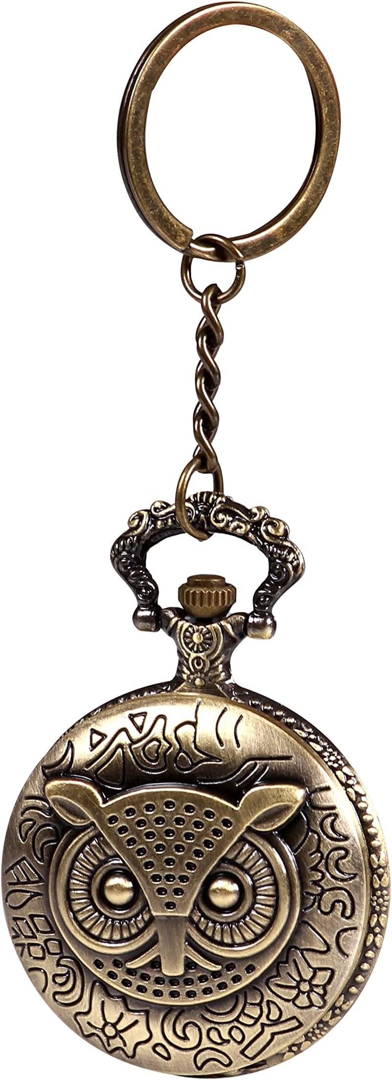 Metal Owl Design Analogue White Round Dial Antique Pocket Watch Keychain