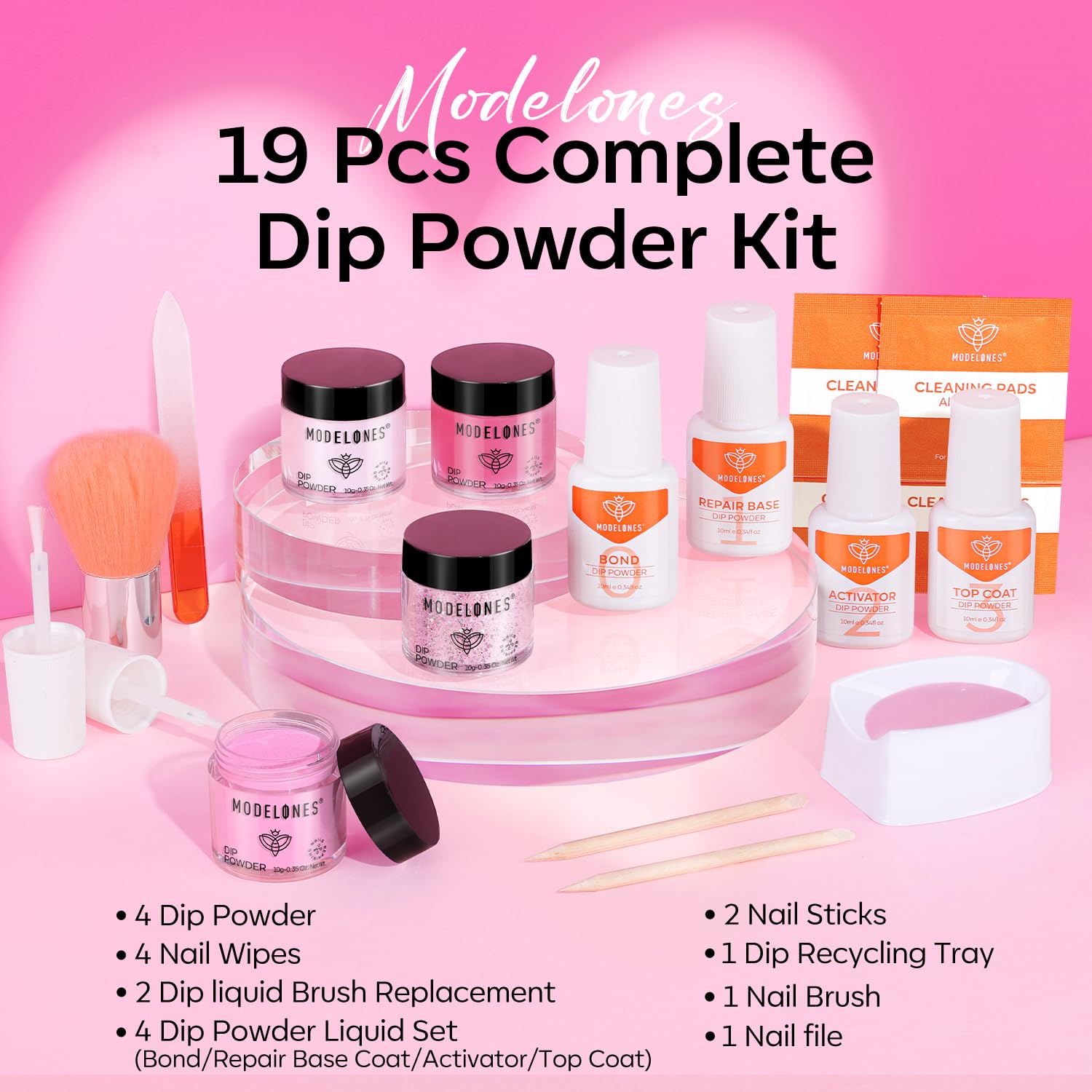 modelones dip powder nail kit, 4 colors pink glitter spring summer dipping starter set with liquid and complete accessories for french nails art salon diy at home manicure a1-light pink