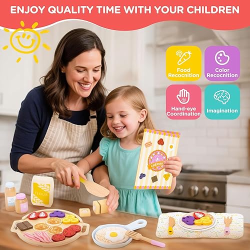 Miniatura 3 de Juego de juguetes de panqueques de madera para niños, cocina de bricolaje, juego de comida, juguetes educativos de aprendizaje para niños de 3, 4,