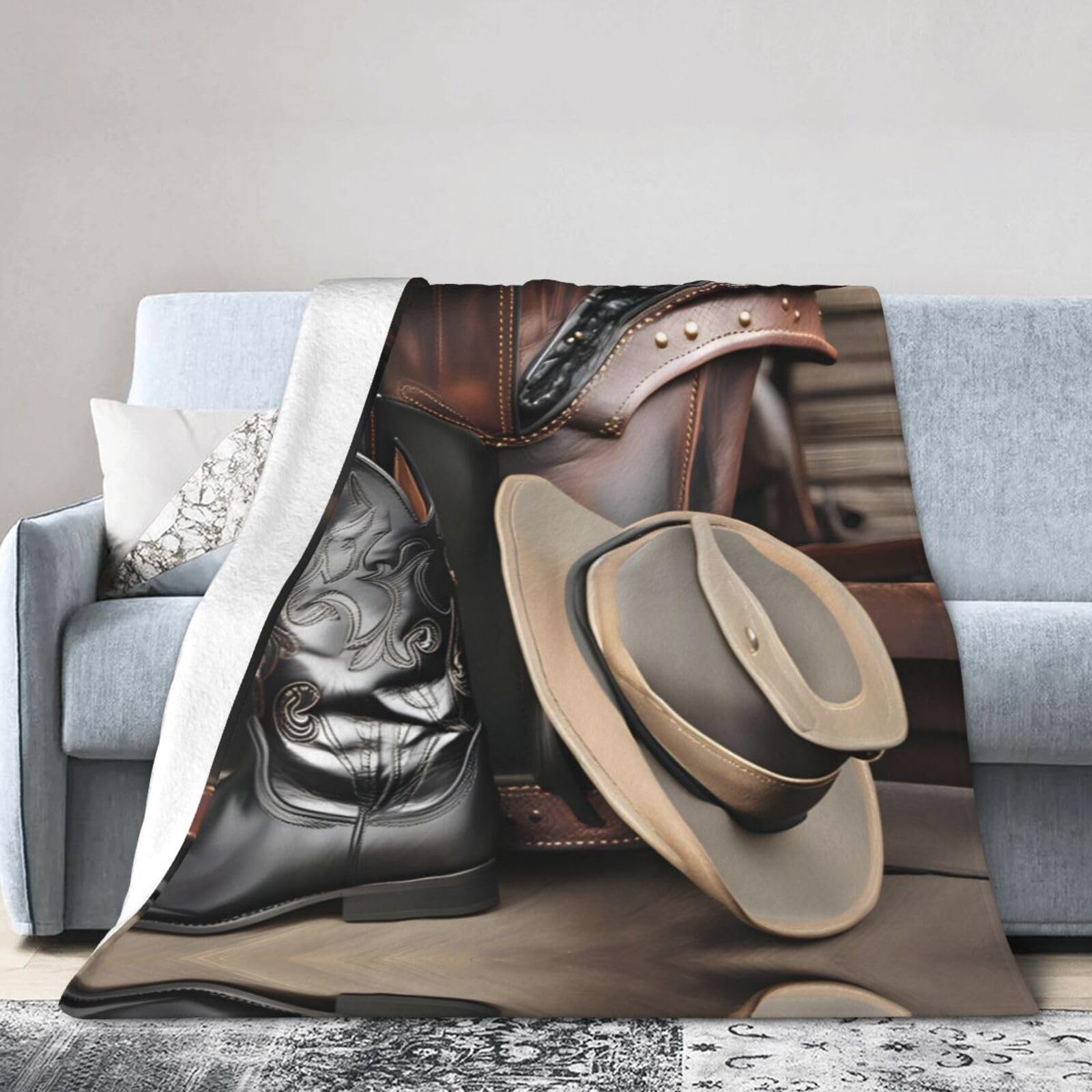 Western Cowboy Decke 152x203 Cm | Weicher Flanell-Überwurf Mit Cowboyhut-Muster | Für Sofa, Bett & Camping