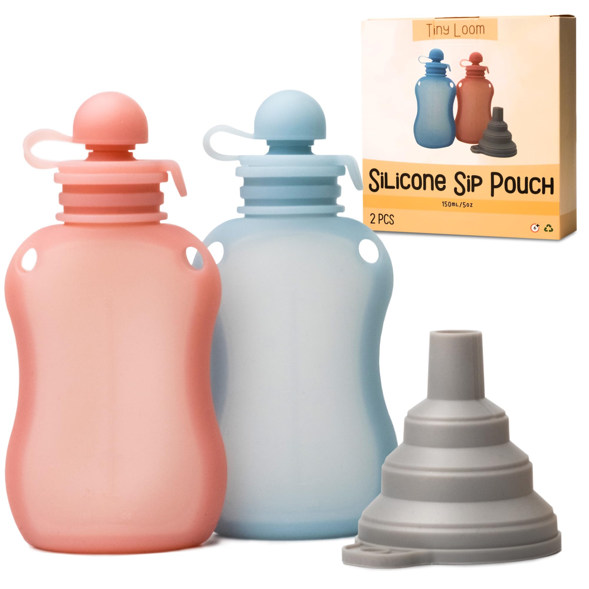 Reusable Pouches for Toddlers Silicone Refillable Baby Food Feeder with Funnel, Food Storage for Kids Squeezable Pouch, Washable & Freezer - Perfect for Fruit, Yogurt and Smoothies, 5oz, 2 Pack