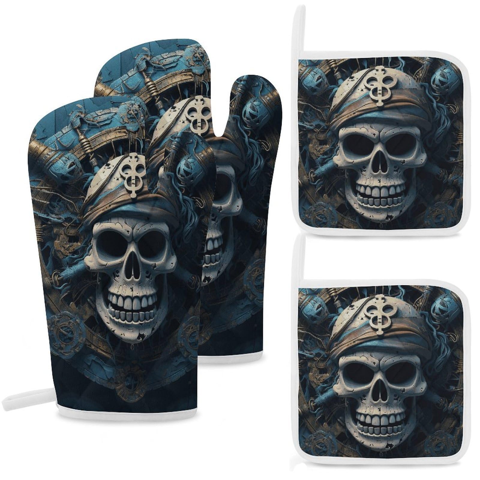 Skeleton Pirate Oven Mitts and Pot Holders Sets Heat Resistant Oven Glove with Hanging Loop for Baking Cooking BBQ Thicken Potholders for Kitchen