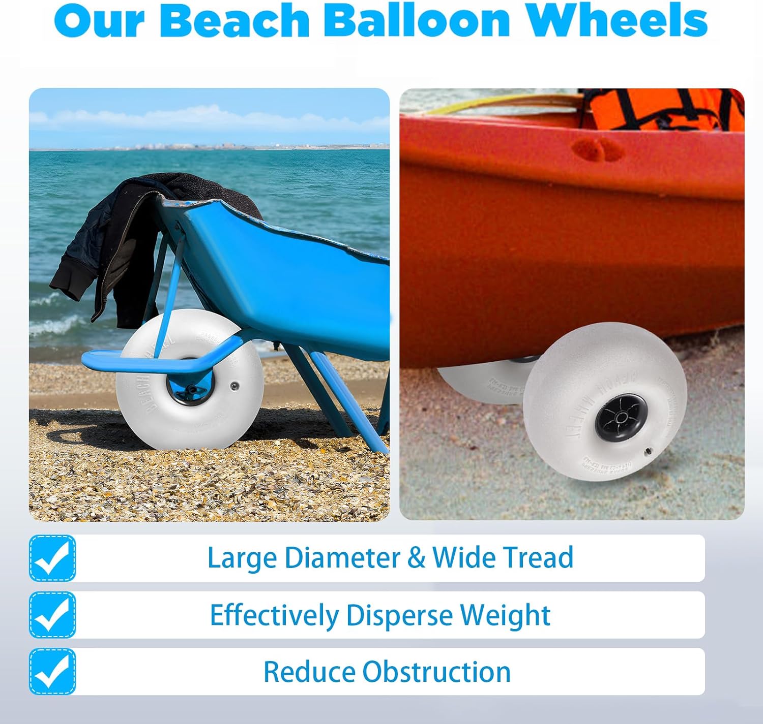 Balloon Beach Wheels Replacement Beach Tires, for Beach Wheels, Kayak Dolly Trailer Trolley Transport Cart, 2pcs 10" /16"
