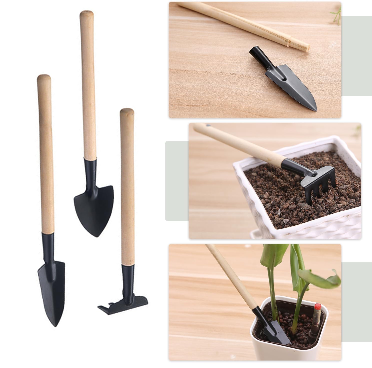 Juego de 6 mini herramientas de jardín, herramientas de flores y plantas, herramientas de limpieza de macetas, herramientas antioxidantes y antimanchas (mini pala, rastrillo de jardín, pala para