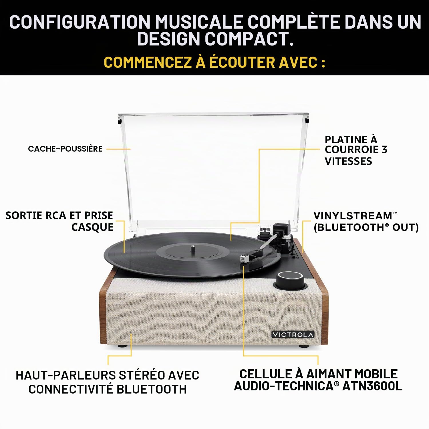 Victrola Eastwood II – Platine Vinyle Vintage 3 Vitesses avec Haut-parleurs, Bluetooth 5.1, Vinyl Stream, Cellule Audio-Technica AT-3600LA (chêne)