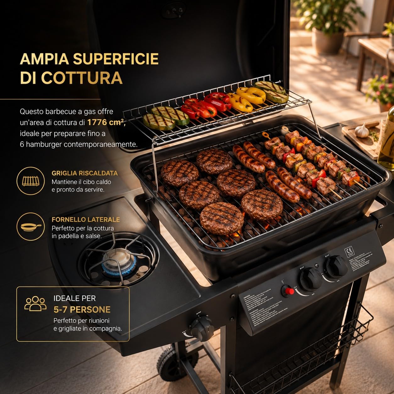 Barbecue a Gas con Pietra Lavica 2 Bruciatori + Fornello Laterale 8kW Area di Cottura 48 × 37cm Griglia in Acciaio Coperchio con Termometro e Ruote per Giardino