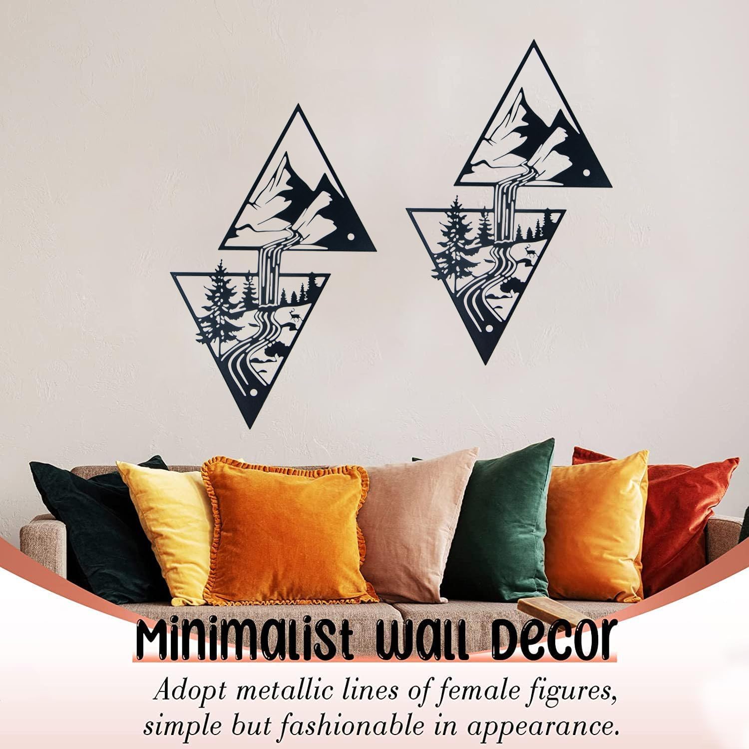 Gexuamz Sculpture Murale 3D Métal Montagnes Forêts 30cm - Décoration Moderne Salon Noir Intérieur Extérieur
