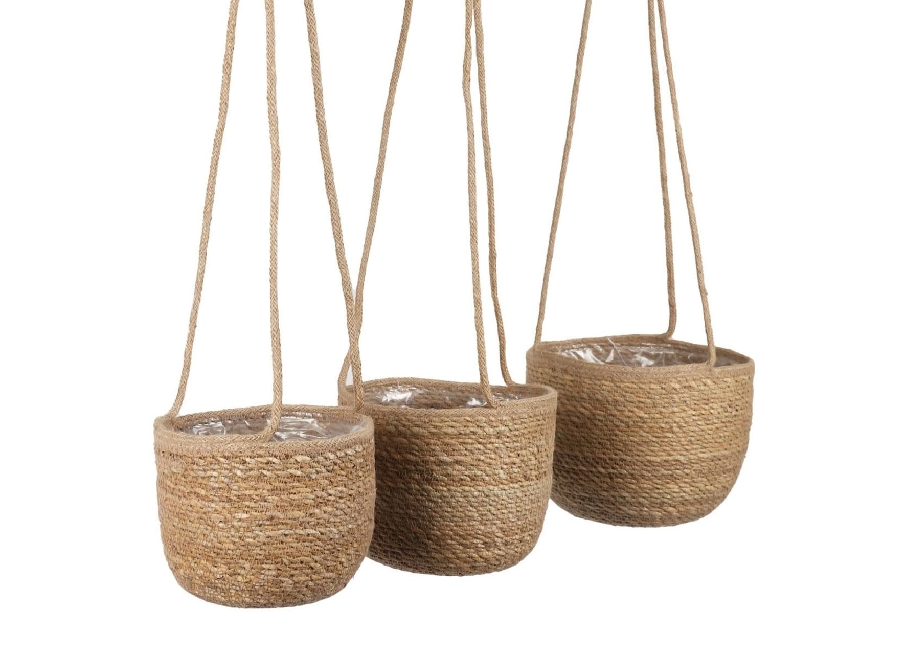 Lot de 3 pots de fleurs suspendus en jonc de mer naturel – 23, 20, 17 cm – Pot de fleurs à suspendre en matériau naturel – Pot de fleurs suspendu avec film intérieur