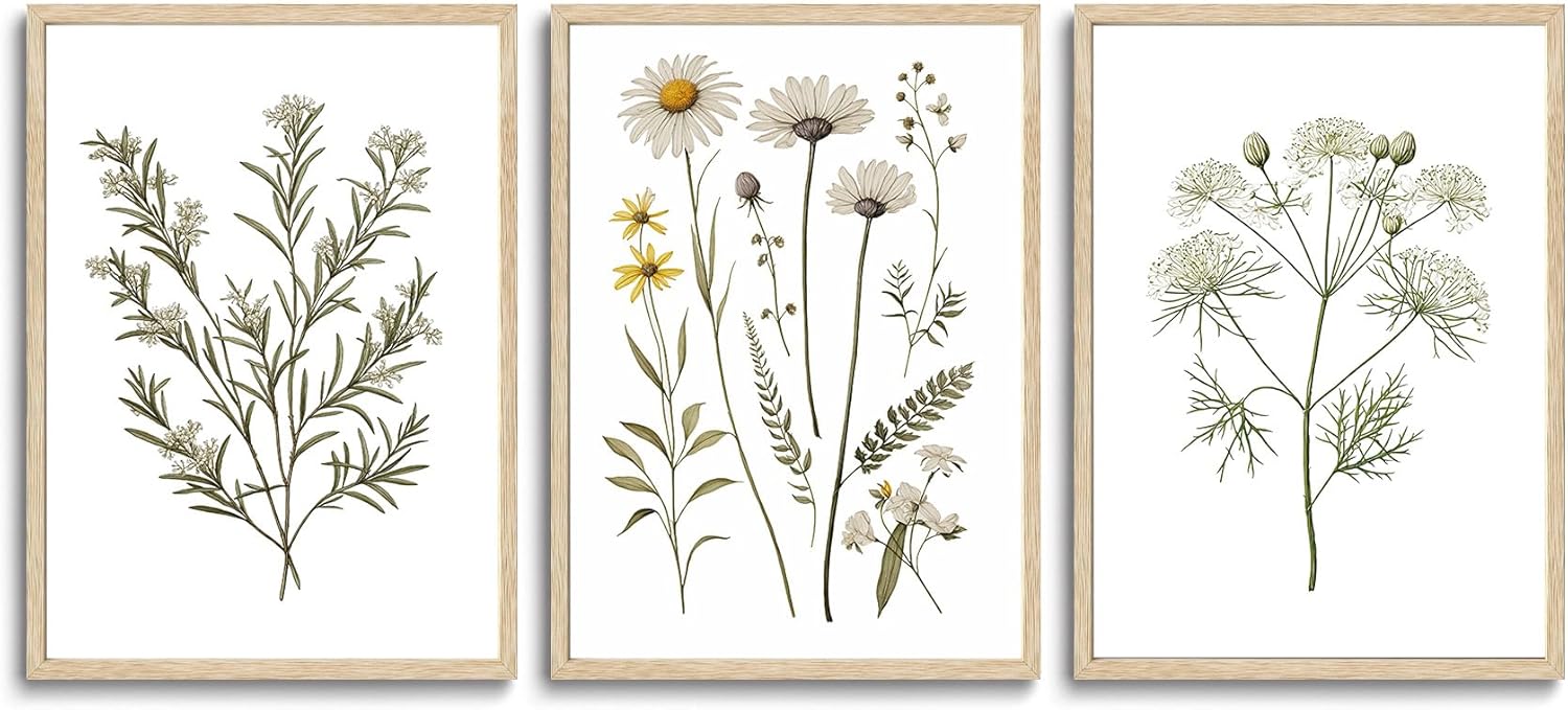 CHMMART 3 Piece Neutral Botanical Framed Wall Art Beige Floral Canvas Art Prints Minimalist Flower Pictures Wall Decor Boho Painting Artwork for Living Room Bedroom Bathroom 12x16in