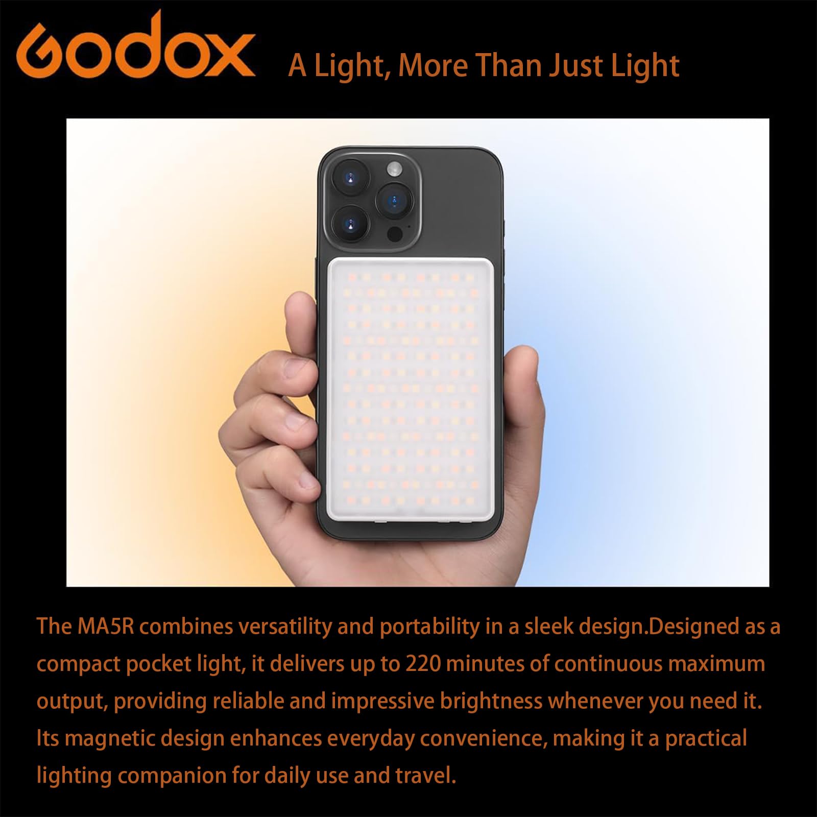Godox MA5R Lampe Vidéo LED RGB 2-en-1 avec Recharge Magnétique, CCT 1800K-10000K, 14 Effets Lumineux, Lumière de Remplissage Selfie en Couleur Complète, Compatible avec le Contrôle NFC via APP (Blanc)