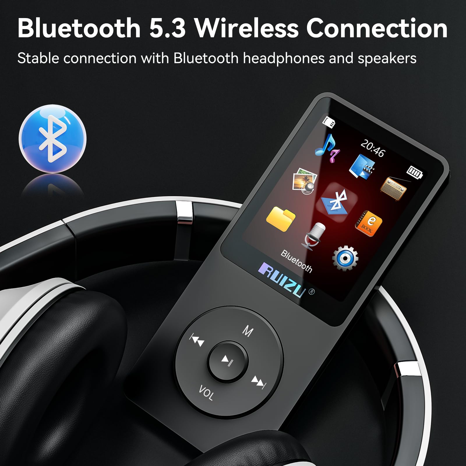 RUIZU Lettore MP3 64GB Bluetooth 5.3 Portatile con Tasti Fisici | Solo 30g, display da 1,8", fino a 80 ore di riproduzione, memoria espandibile MicroSD fino a 128GB.