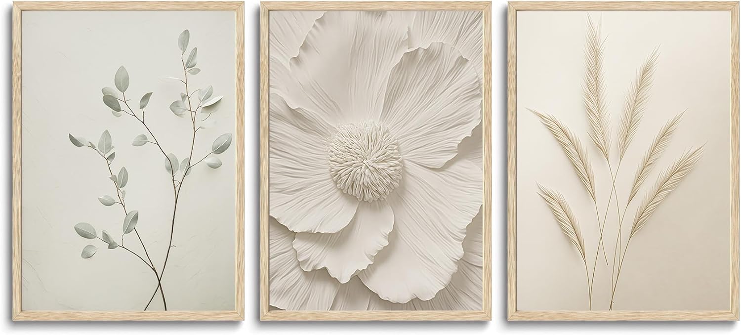 CHMMART 3 Piece Neutral Botanical Framed Wall Art Beige Floral Canvas Art Prints Minimalist Flower Pictures Wall Decor Boho Painting Artwork for Living Room Bedroom Bathroom 12x16in